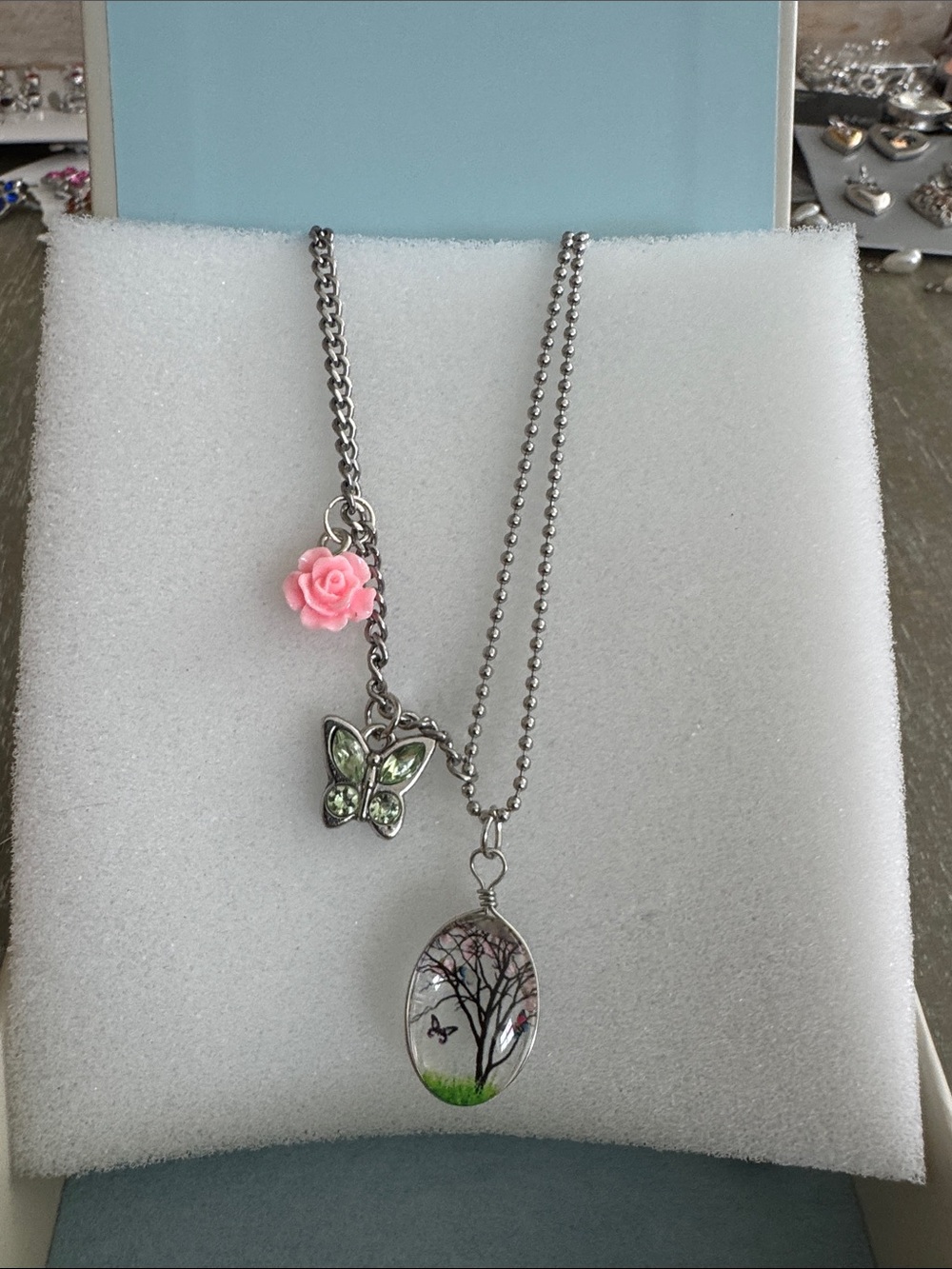 Silver-Tone Pink & Green Butterfly Pendant Necklace with Pink Rose Charm
